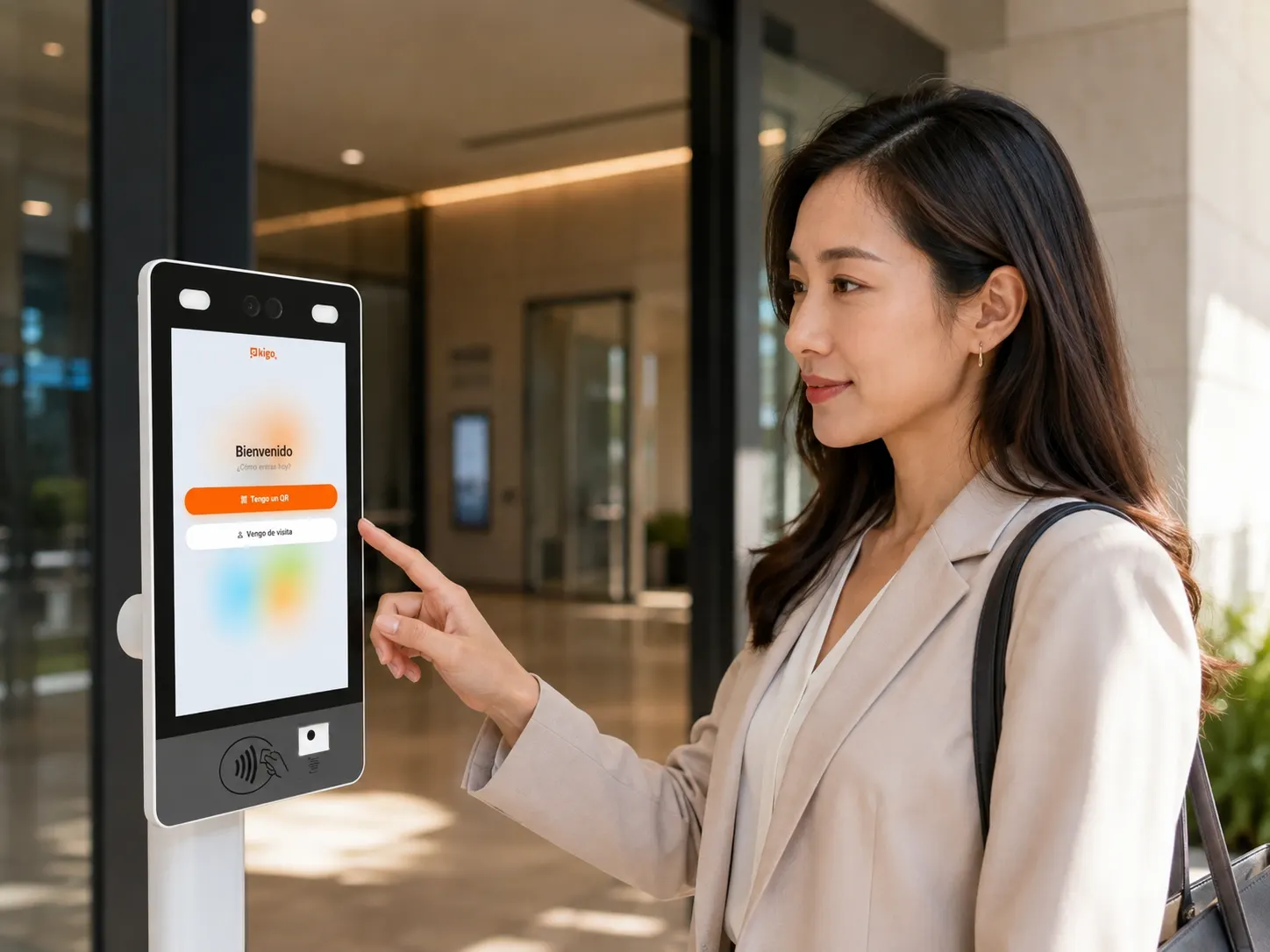 Visitante tocando la pantalla del terminal LUMA en la entrada, con las opciones «Tengo un QR» y «Vengo de visita»